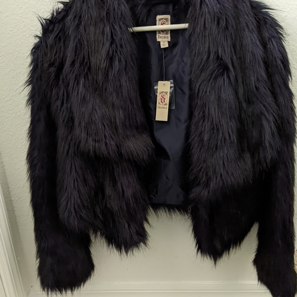 Decree Navy/ Black Faux Fur Jacket  Size Small - Picture 2 of 5